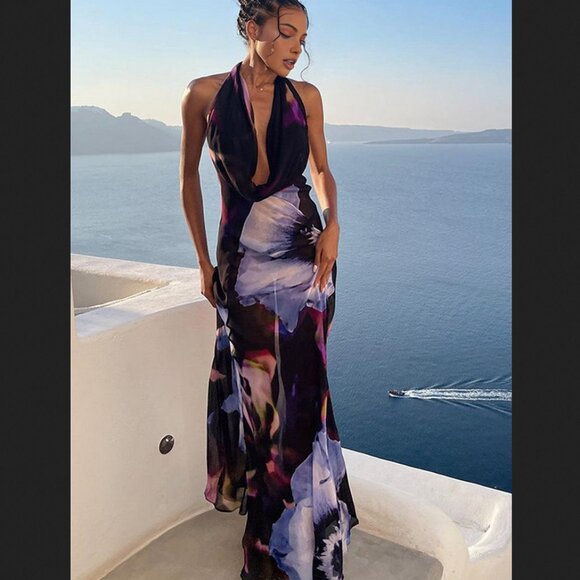 Commense Dresses & Skirts - Commense Large Black Purple Floral Backless Haltner Maxi Dress Vacation Summer